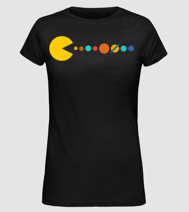 Pacman felfalja a naprendszert minta fekete pólón