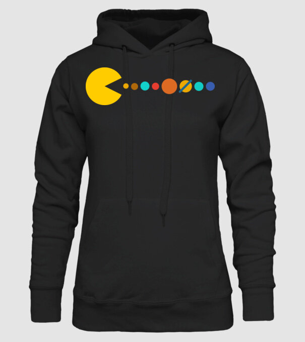 Pacman felfalja a naprendszert minta fekete pólón