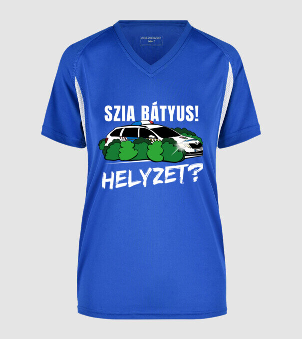 Szia Bátyus! Helyzet? fekete alapra minta királykék pólón