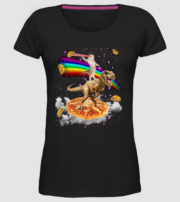 Cat and T-Rex in space on pizza minta fekete pólón