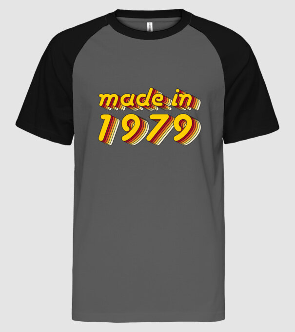 made-in-1979-yellow-red minta szürke/fekete pólón