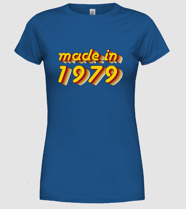 made-in-1979-yellow-red minta királykék pólón