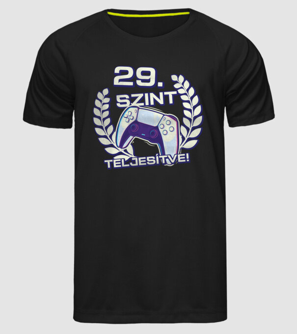 29. szint teljesítve PS5 v2 minta fekete pólón