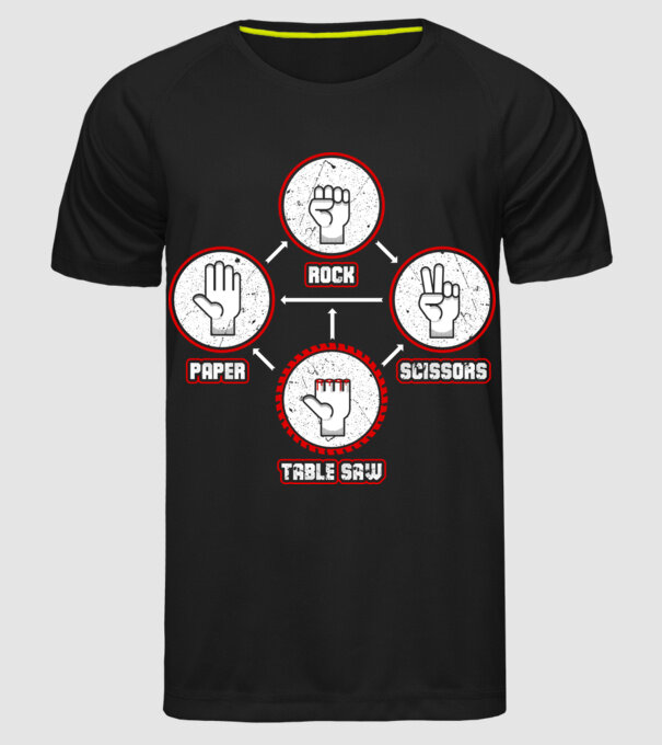 Rock Paper Scissors TABLE SAW minta fekete pólón