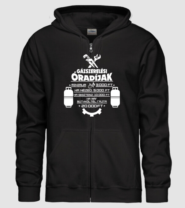 Gázszerelési óradíjak minta fekete pólón