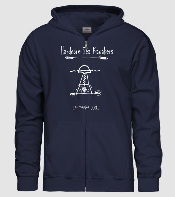 HardcoreSeaKayakers_with_paddle_with_180d_eskimo_roll minta sötétkék pólón