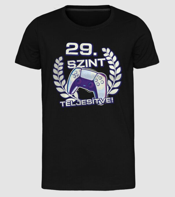 29. szint teljesítve PS5 v2 minta fekete pólón