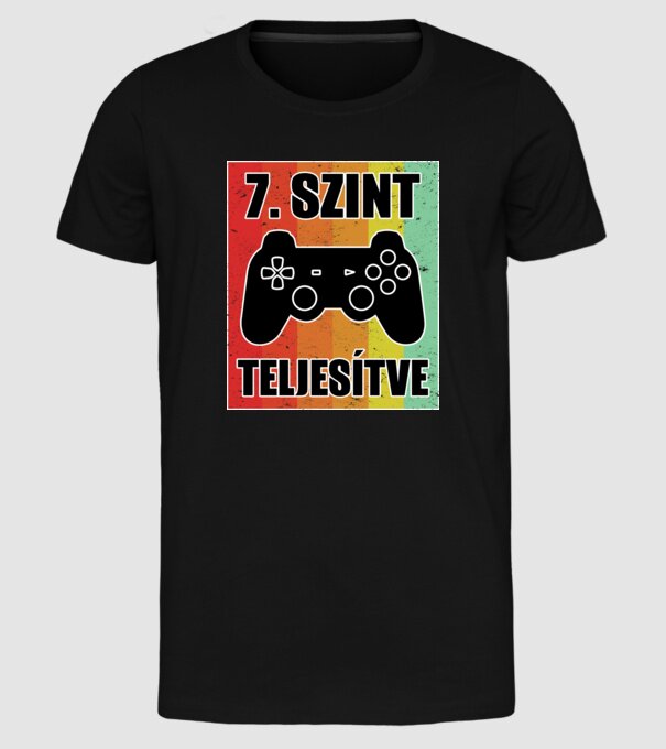 7 szint teljesítve retro gamer minta fekete pólón