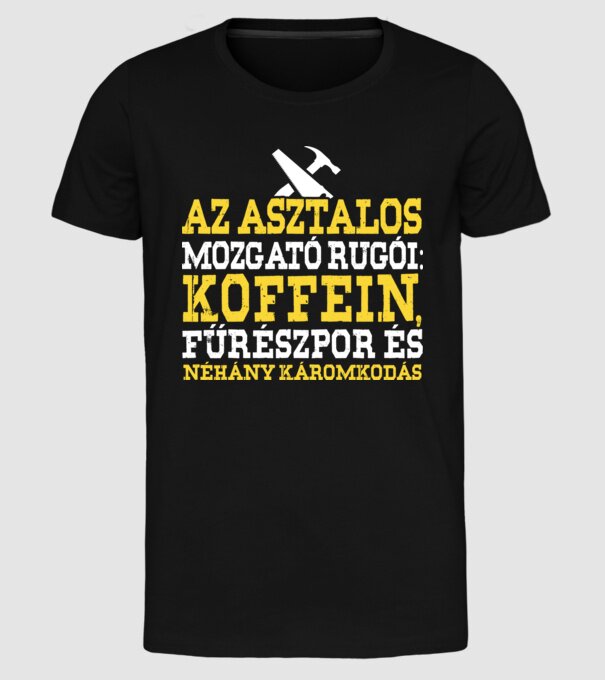 Az asztalos mozgató rugói minta fekete pólón
