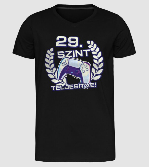 29. szint teljesítve PS5 v2 minta fekete pólón