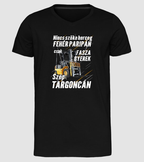 Nincs szőke herceg, csak fasza gyerek targoncán minta fekete pólón