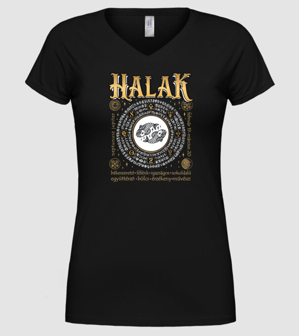 Halak arany színű tulajdonságokkal minta fekete pólón