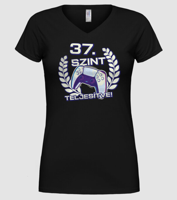 37. szint teljesítve PS5 v2 minta fekete pólón
