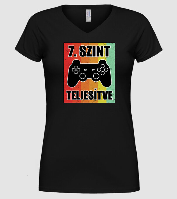 7 szint teljesítve retro gamer minta fekete pólón