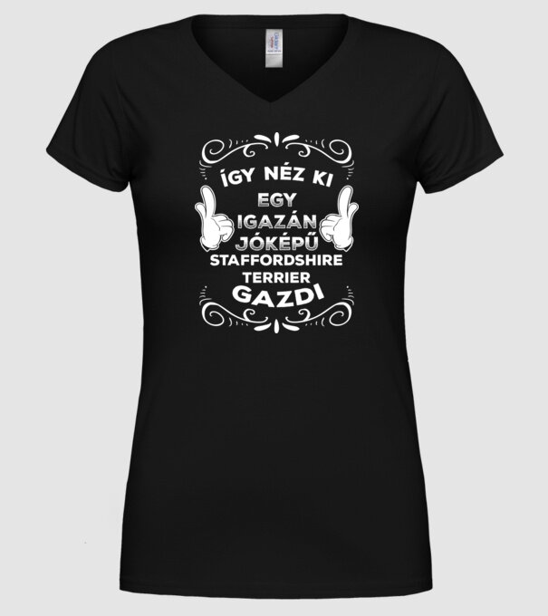 Így néz ki egy igazán jóképű gazdi Staffordshire Terrier minta fekete pólón