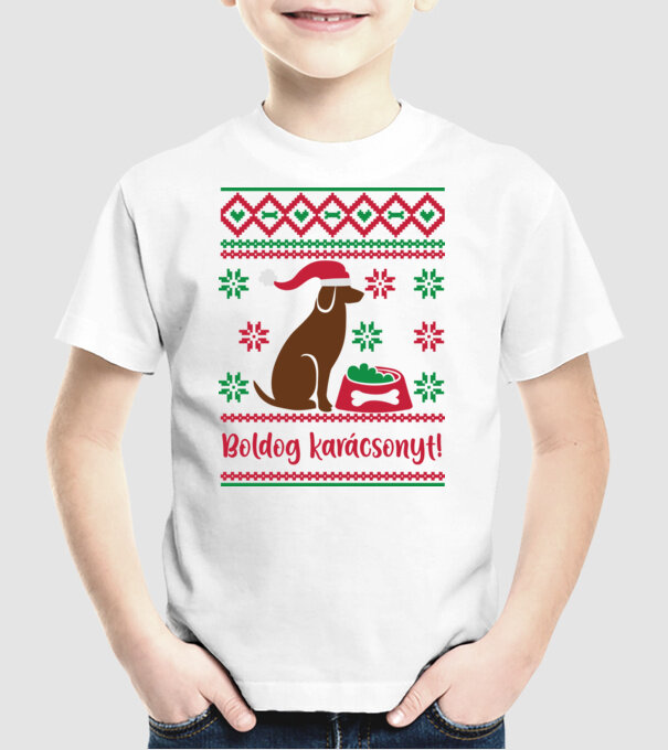 Kutyás boldog karácsonyt minta fehér pólón