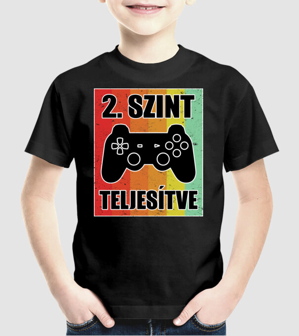 2 szint teljesítve retro gamer minta fekete pólón