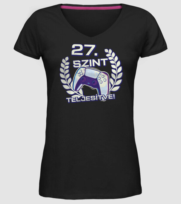 27. szint teljesítve PS5 v2 minta fekete pólón