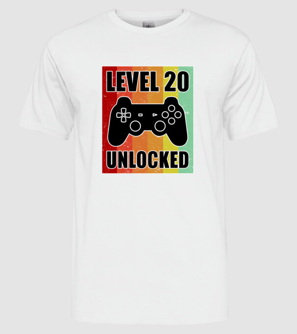 level 20 unlocked retro gamer minta fehér pólón