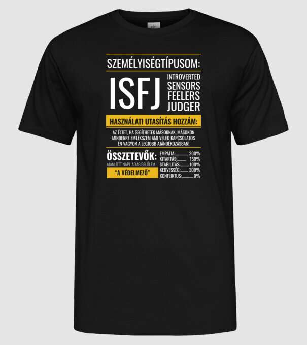 16 Személyiségtipus RÉSZLETES JELLEMZŐK  ISFJ A VÉDELMEZŐ minta fekete pólón
