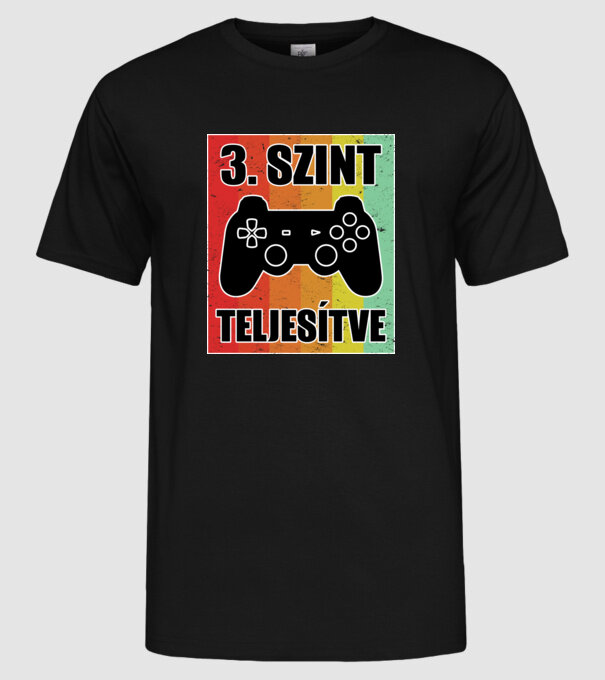 3 szint teljesítve retro gamer minta fekete pólón