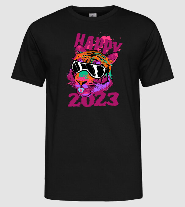 Happy 2023 tiger minta fekete pólón