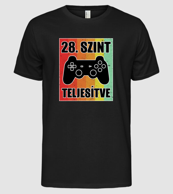 28 szint teljesítve retro gamer minta fekete pólón