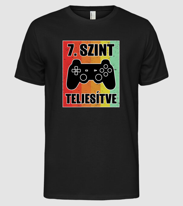 7 szint teljesítve retro gamer minta fekete pólón