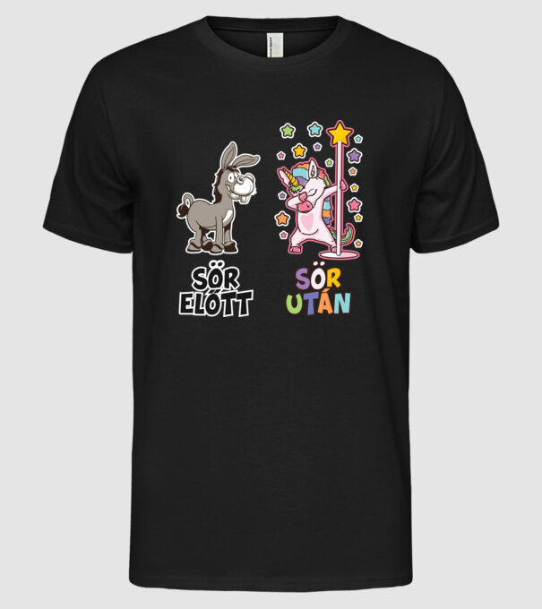 Unikornis Sör előtt után minta fekete pólón