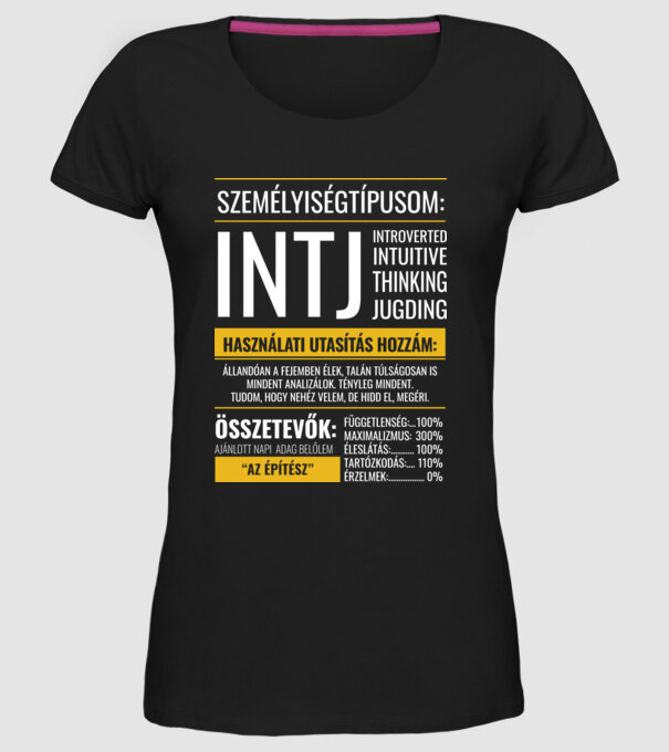 16 Személyiségtipus RÉSZLETES JELLEMZŐK INTJ AZ ÉPÍTÉSZ minta fekete pólón