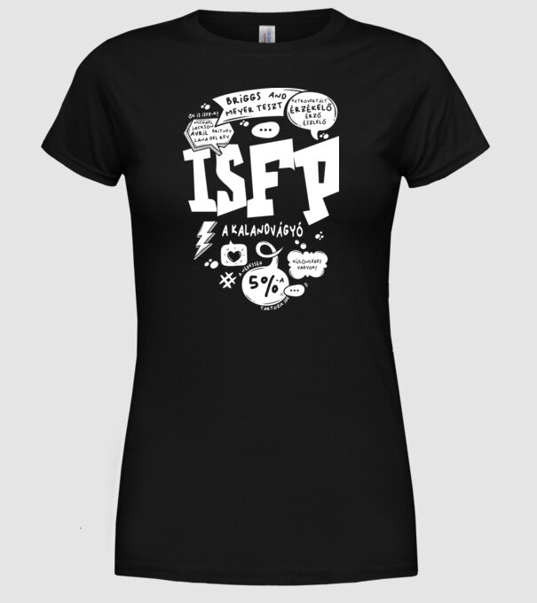 16 Személyiségtipus COMIC ISFP A KALANDVÁGYÓ minta fekete pólón