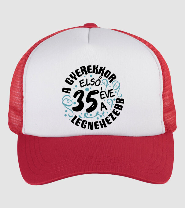 Gyerekkor 35 éves minta fehér/piros pólón