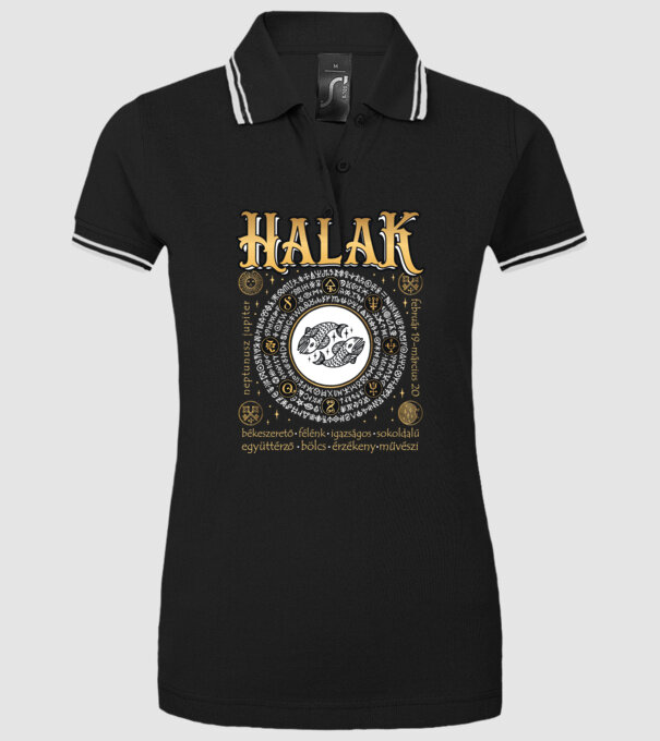Halak arany színű tulajdonságokkal minta fekete pólón
