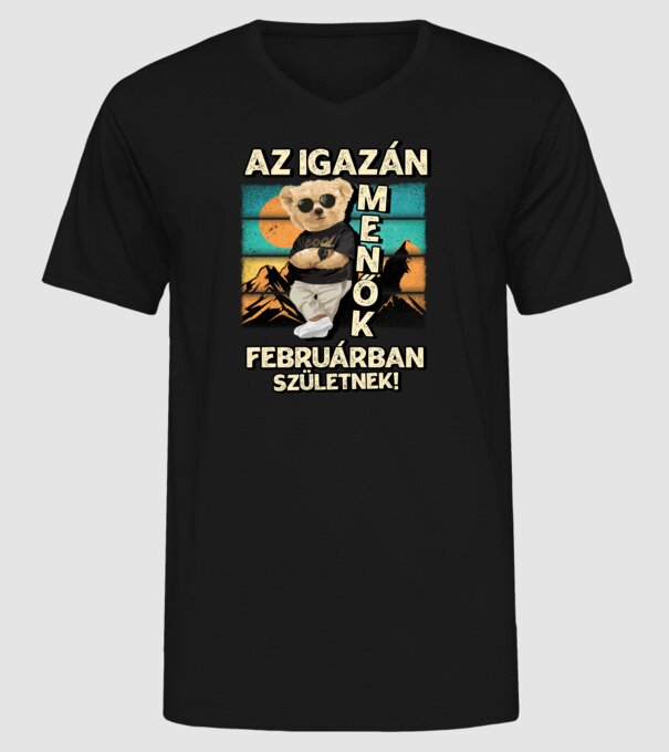 Retro Menő Mackó szülinapos FEBRUÁR minta fekete pólón