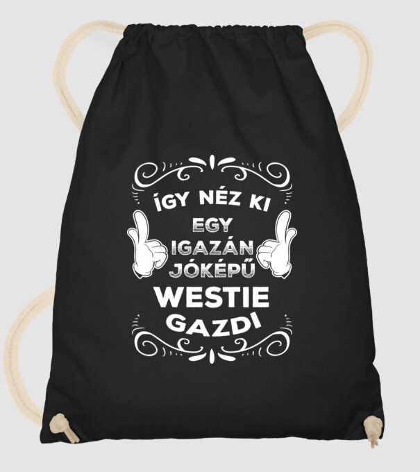 Így néz ki egy igazán jóképű gazdi Westie minta fekete pólón