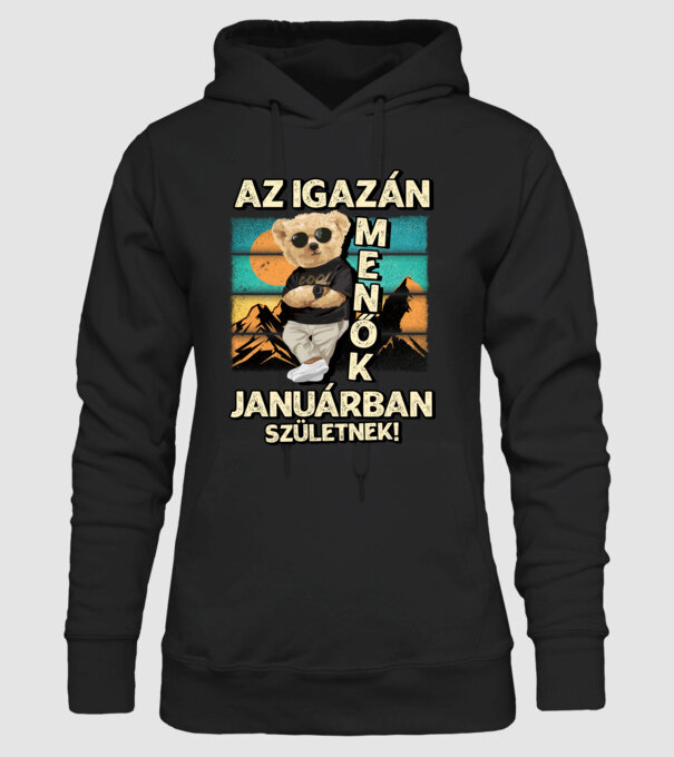 Retro Menő Mackó szülinapos JANUÁR minta fekete pólón