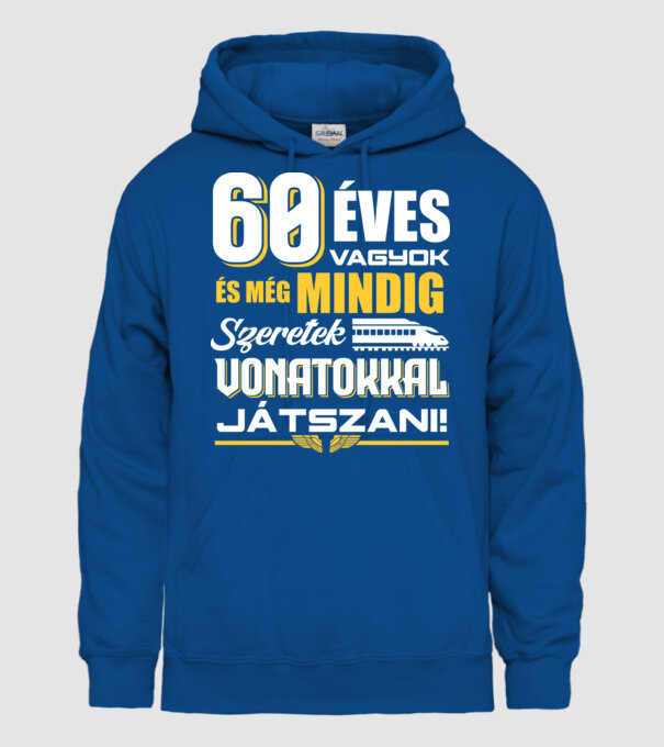 Még mindig szeretek vonatokkal játszani 60 éves minta királykék pólón
