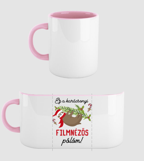 Karácsonyi lajháros filmnézős póló minta világos rózsaszín pólón