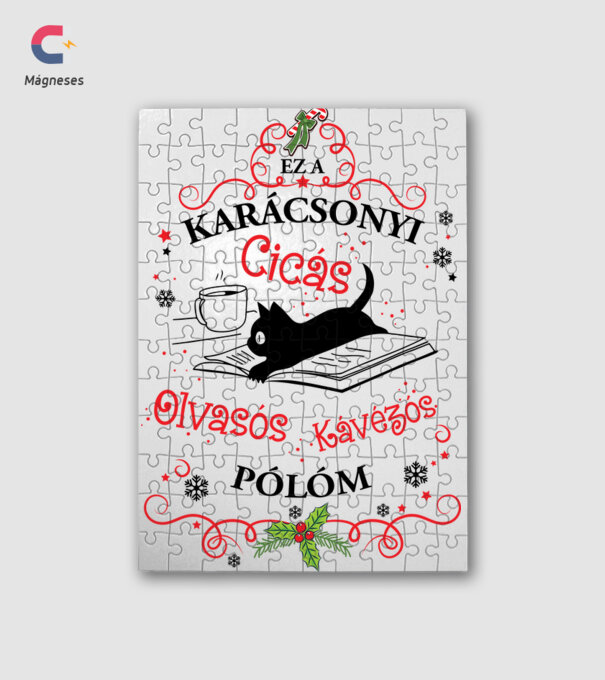 Karácsonyi cicás olvasós kávézós póló minta fehér pólón