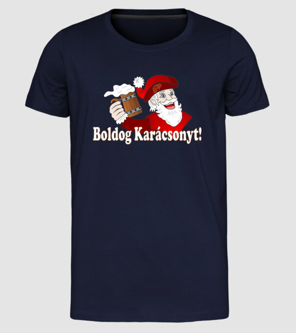 Boldog Karácsonyt Söröző Mikulás minta sötétkék pólón