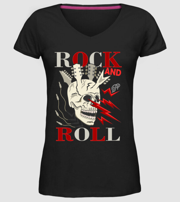 Rock and Roll Villámló Koponya minta fekete pólón