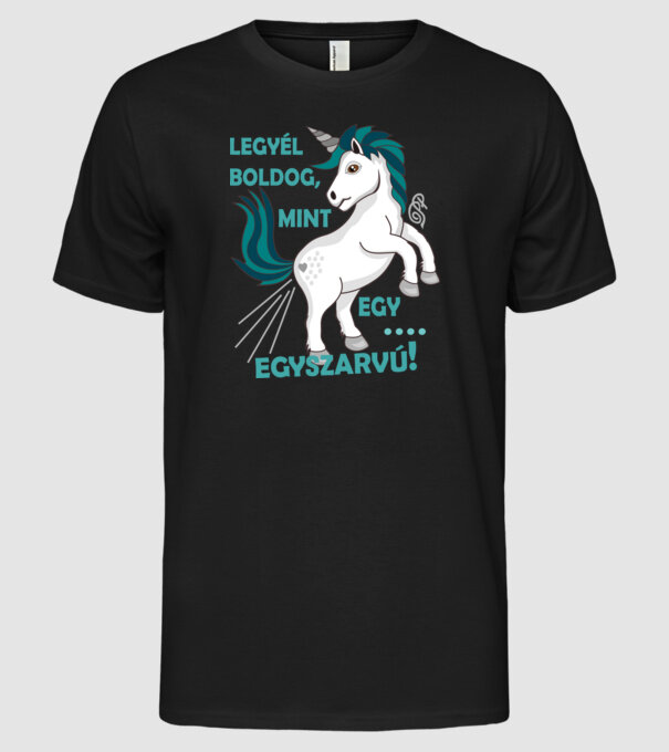 Boldog Fingó Egyszarvú minta fekete pólón