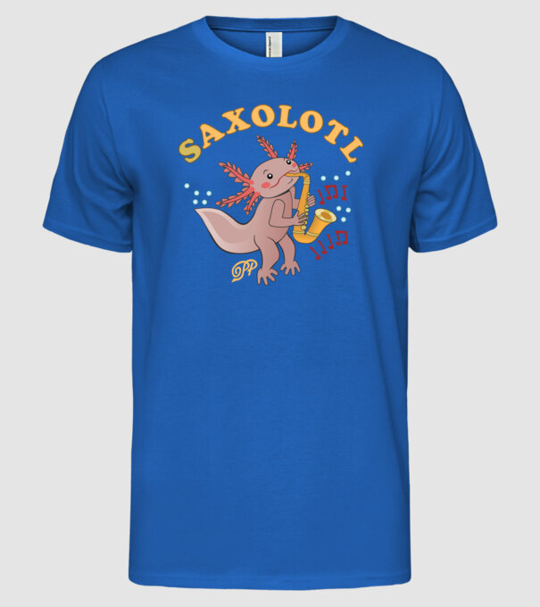 Szaxofonos Axolotl minta királykék pólón