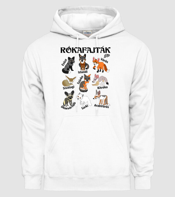 Rókafajták fekete felirattal minta fehér pólón