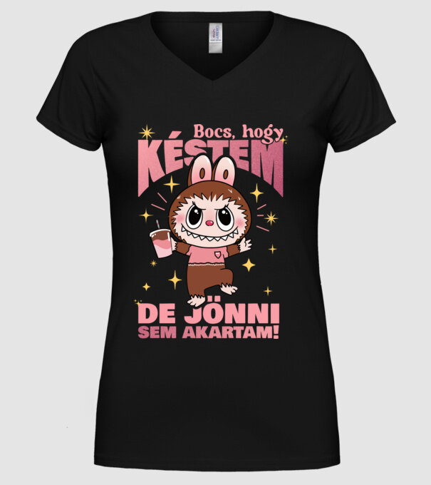 Bocs hogy késtem Labubu minta fekete pólón