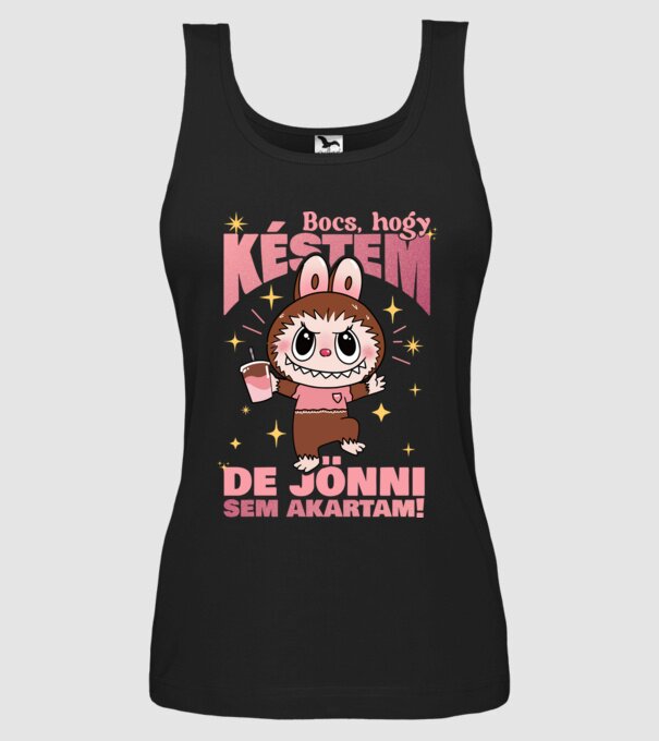 Bocs hogy késtem Labubu minta fekete pólón