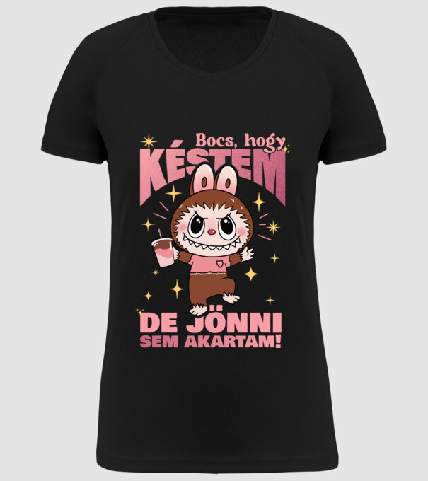 Bocs hogy késtem Labubu minta fekete pólón