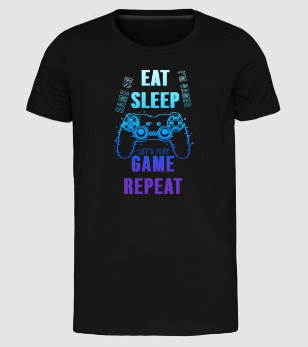 Eat sleep game repeat minta fekete pólón