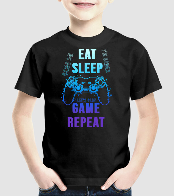 Eat sleep game repeat minta fekete pólón