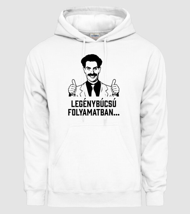 Borat legénybúcsú folyamatban minta fehér pólón